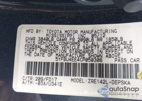 2012 Toyota Corolla S из США, поврежденный, VIN 5YFBU4EE4CP050306